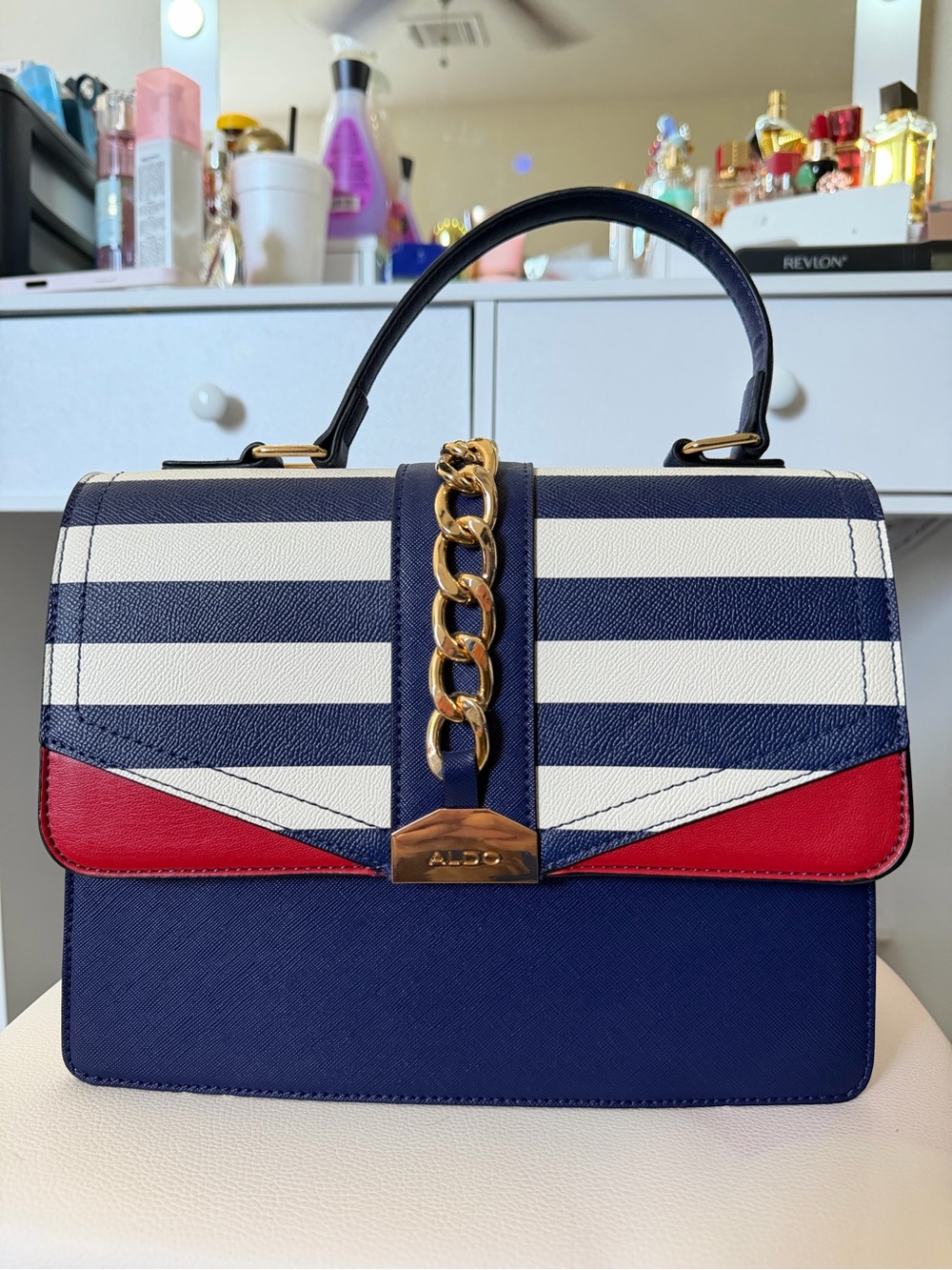 ALDO Navy, White & Red Striped Chain-Accent Top-Handle Crossbody